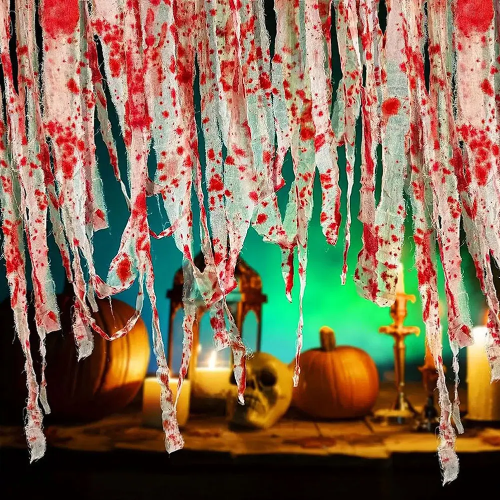 1Pc Halloween Bloody Cloth Strips Blood Gauze Bandage Haunted House Warning Isolation Belt Home Horror Party Scene Decor Props