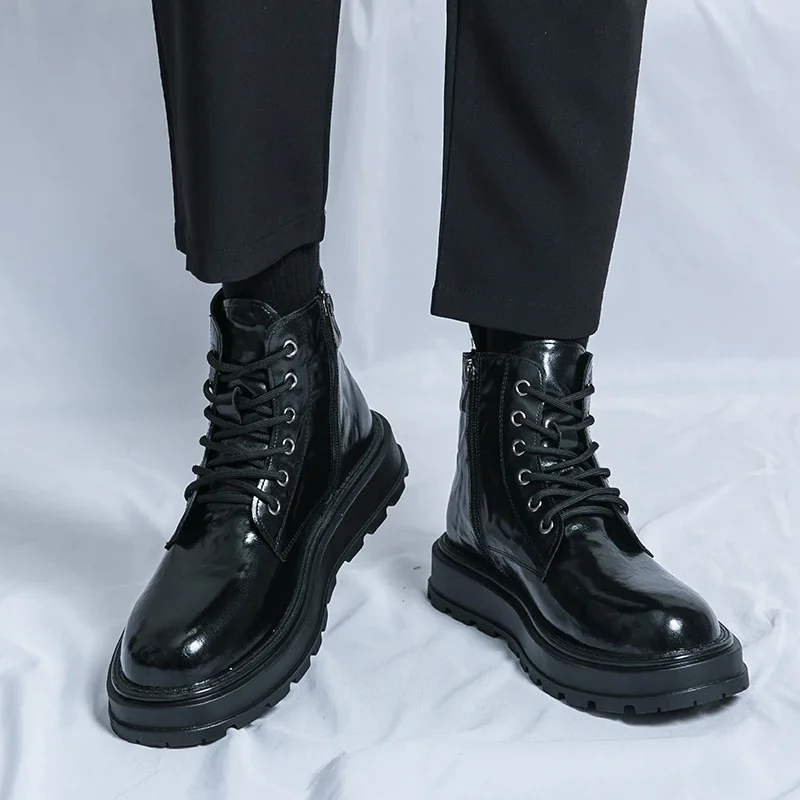 

New Mens British Style Motorcycle Leather Boots Business Lace Up Zipper Boots Trendy Mid Length Thick Soled Boots Outdoor