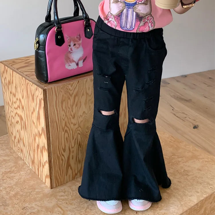 

Весна 2024, Детские расклешенные брюки для девочек, корейские брюки с эластичным поясом и дырками для маленьких девочек, однотонные облегающие винтажные брюки для маленьких девочек