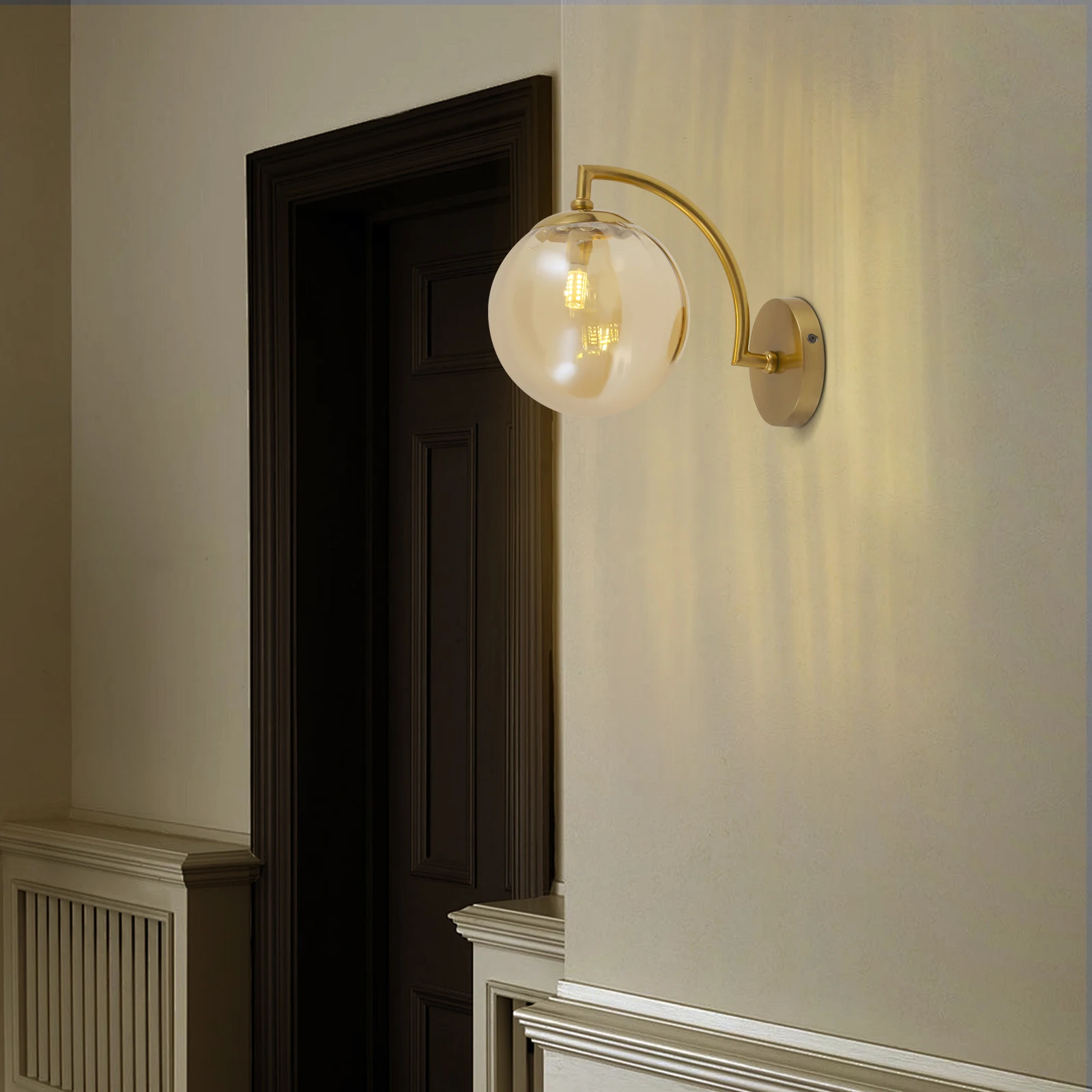 9W Amber Glass Wall Lamp Modern Round Sconce Light with Wide Voltage 80-260V,for Bedroom Hallway Porch Indoor and Outdoor Use