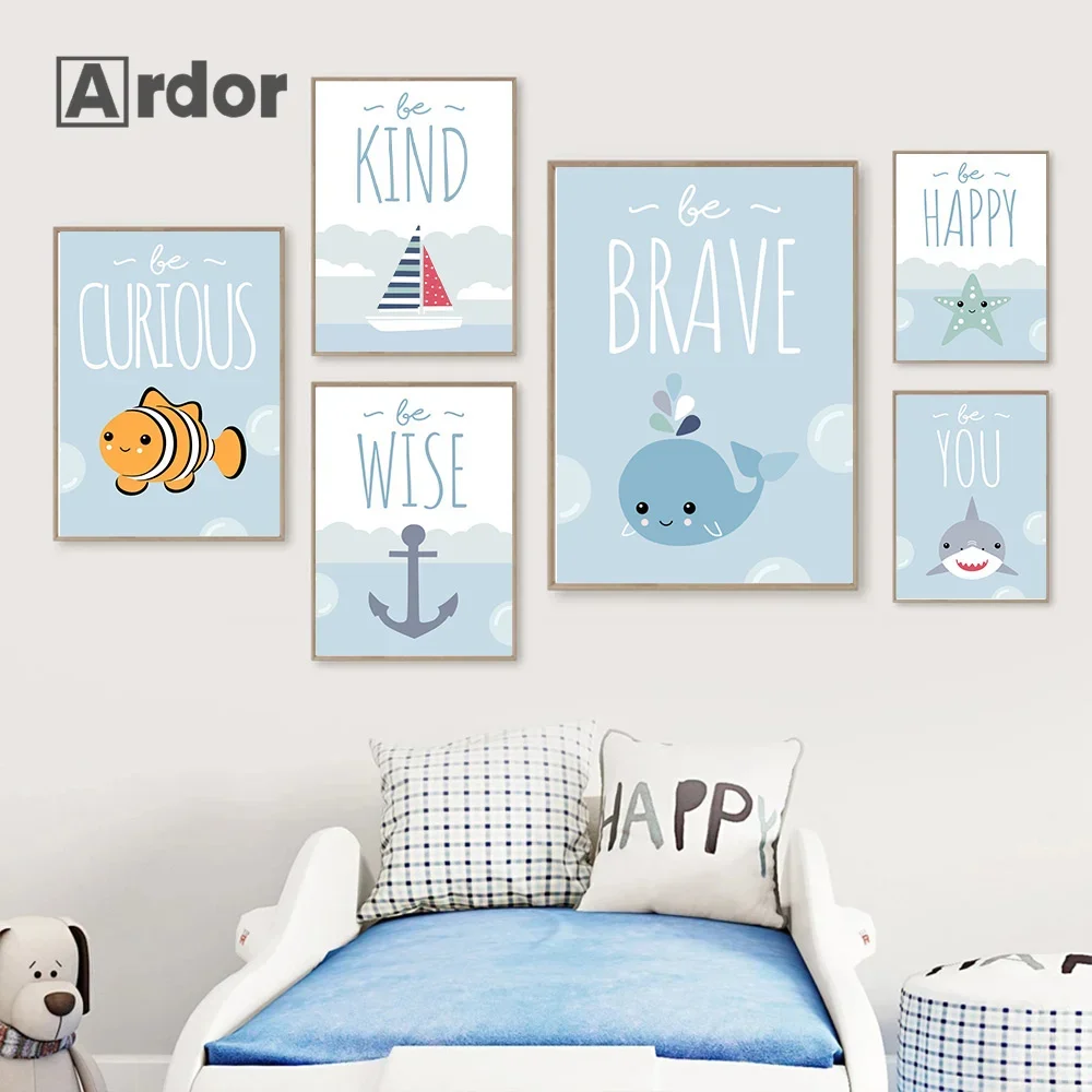 

Cartoon Shark Whale Sailboat Canvas Painting Fish Starfish Poster Nordic Childen Print Nursery Wall Art Pictures Kids Room Decor