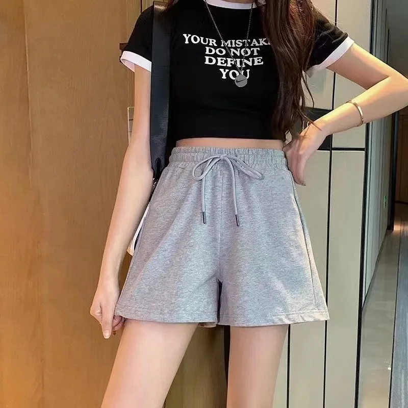 Women Wide Leg Loose Shorts Summer Female High Elastic Waist Drawstring Pocket Outdoor Homewear Sporty Pants