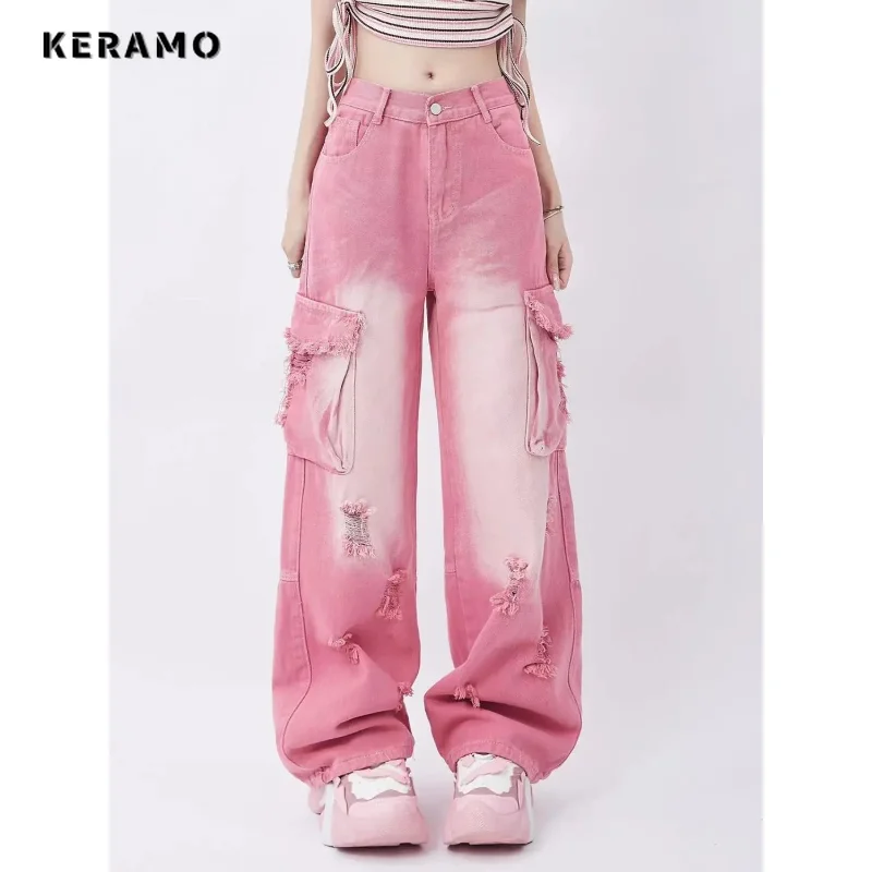 

Y2K Harajuku Wide Leg High Waist Pockest Pink Jeans Pants 2023 Spring Summer Women's Vintage Ripped Street Denim Trouser