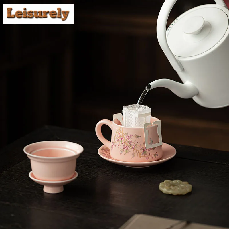 230ml Pink Glaze Wisteria Flower Filter Tea Separator Cup Ancient Tea Mug With Infuser Tea Soaking Office Water Cup Teaset Craft