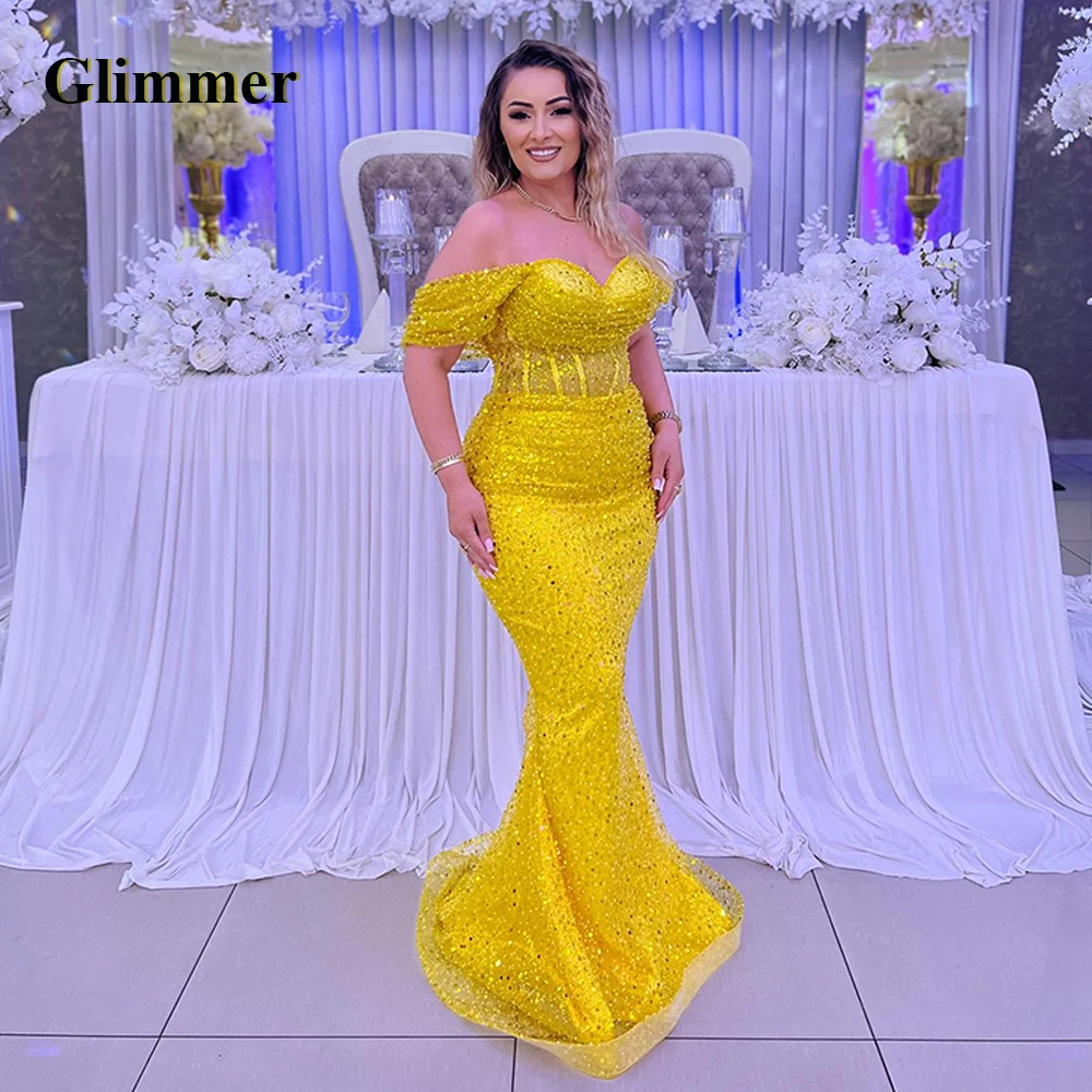 

Glimmer Sparkly Mermaid Celebrity Dresses Off The Shoulder Sweetheart Tulle Backless Pleat Vestidos De Gala Personalised