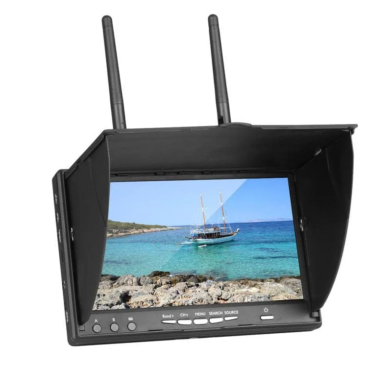 Moniteur FPV 7 pouces 5.8G 800x480 avec batterie intégrée, posé sur une table.