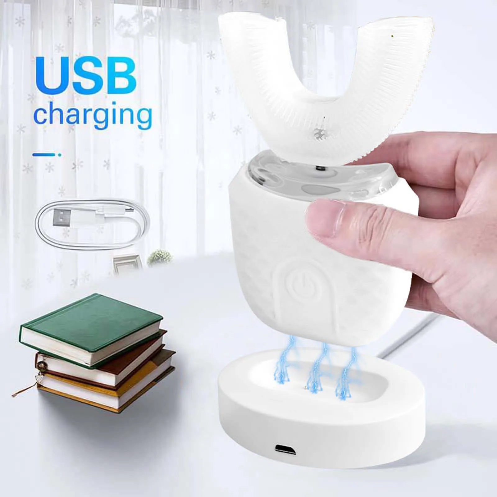 휴대용 U자형 전동칫솔, 초음파 360도 세척, 실리콘 미백 자동칫솔, 구강용품