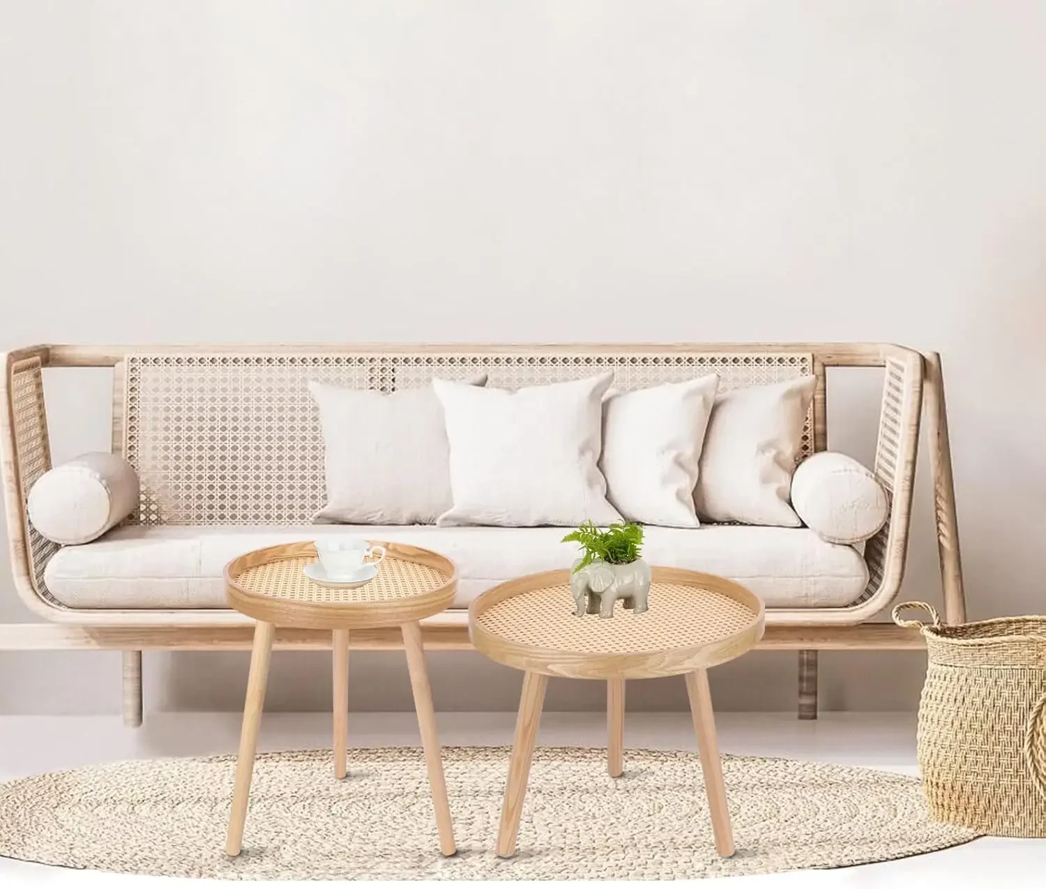 Round Coffee Table Set of 2, Natural Boho Coffee Table, Small Mid Century Modern Rattan Coffee Table, Boho Side Table End Tables 2