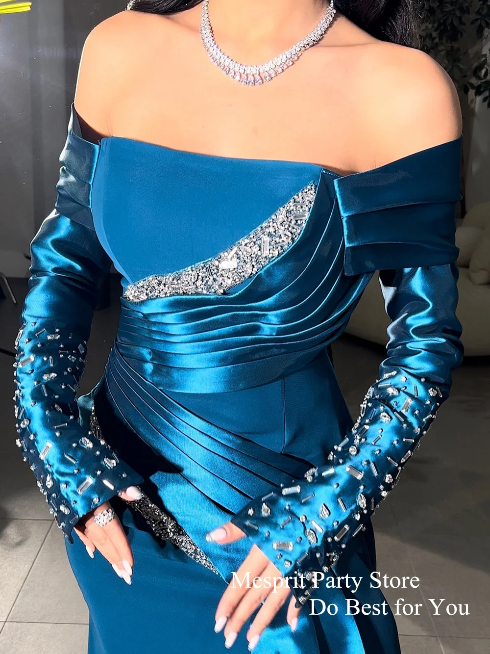 Синее вечернее платье-Русалка по щиколотку, с длинными рукавами и вырезом лодочкой