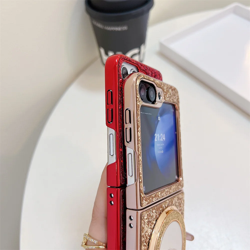 Luxury Glitter Sequins Bling Magnetic Stand Phone Case with Make-up Mirror and Folding Bracket Cover