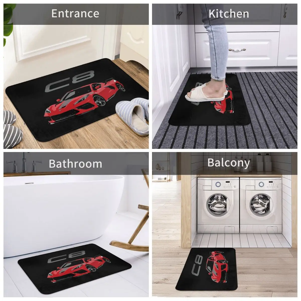 Red Chevy Corvette C8 Mid Engine Anti-slip Doormat Floor Mat Absorbent Mat Carpet Rug for Kitchen Entrance Home Footpad Mats 5