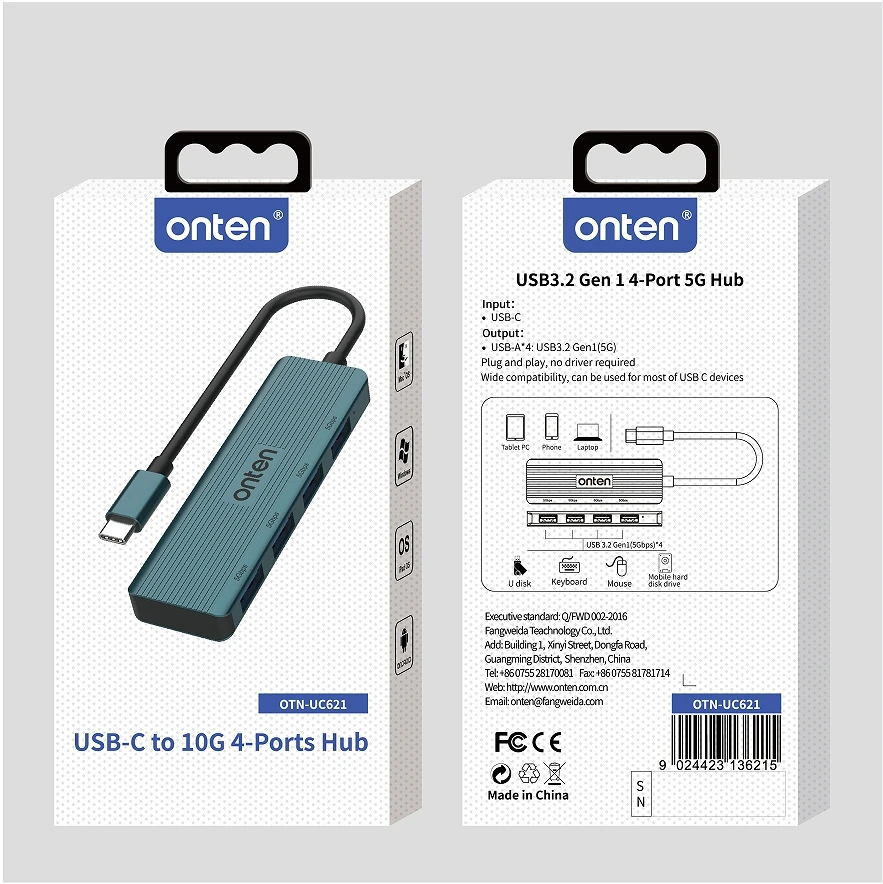 ONTEN Original OTN-UC621 USB-C 4-port USB 3.2 Gen 1 5Gbps hub 5