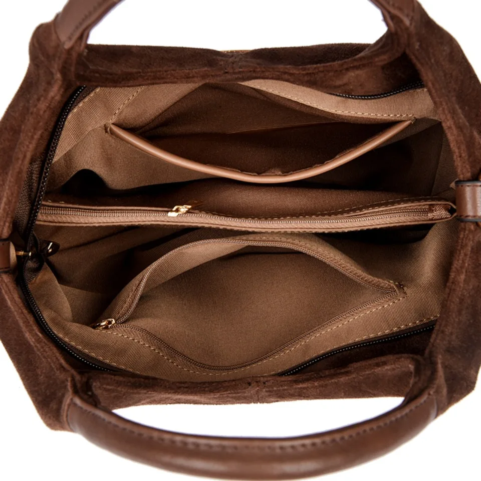 Faux Suede Handbags - Soft Casual Messenger Bag with Zipper Closure for Women