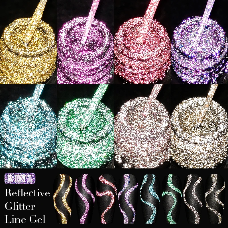 MEET ACROSS 6Pcs/Set Sparkly Reflective Line Gel Nail Polish Glitter Superflash Nail Art Liner Gel DIY Painting Drawing Gel Kit 5