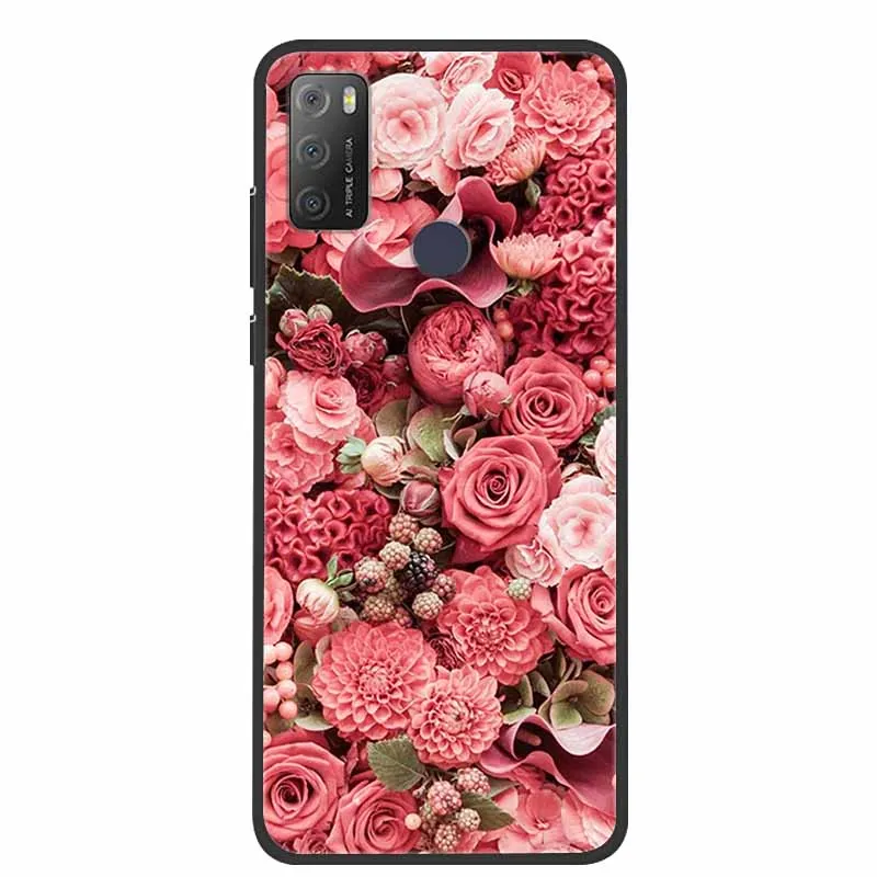 Charming Cat & Floral Design Silicone Phone Case, Black 6.52''