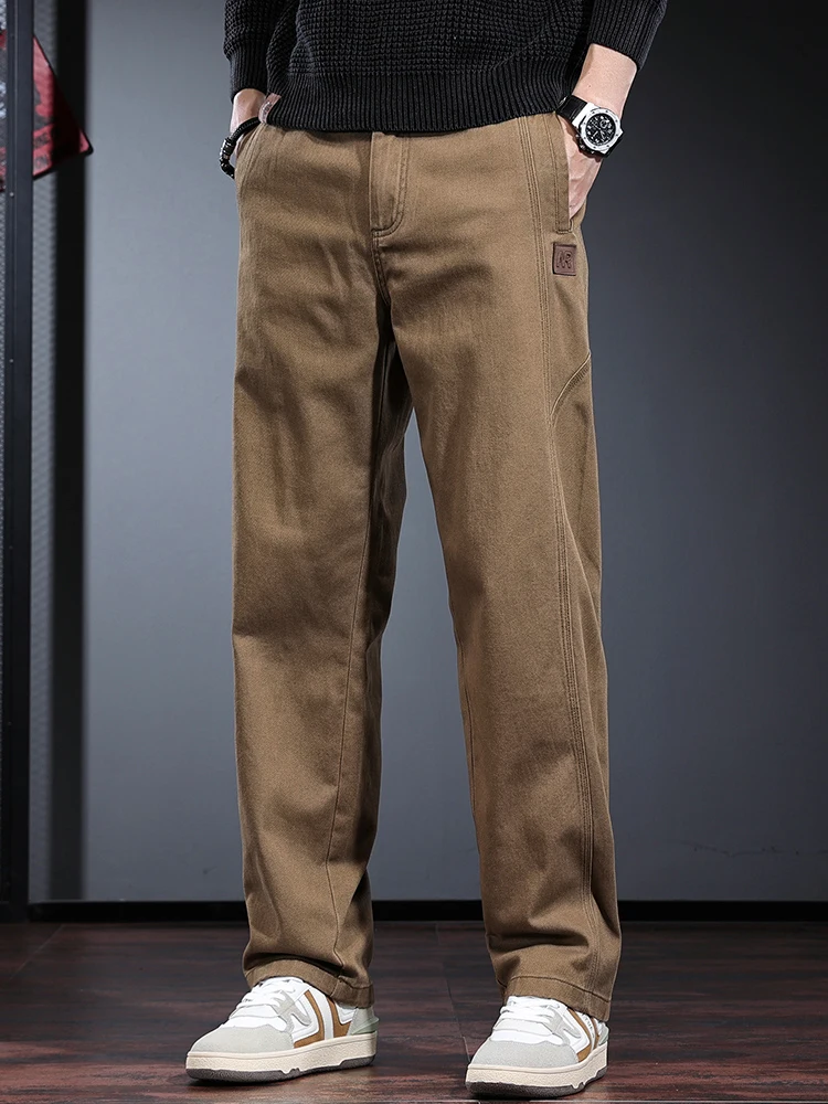 Khaki Cotton Baggy Straight Pants Men Autumn Korean Style Outdoor Casual Elastic Waist Loose Trousers