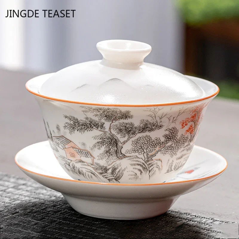 Jingdezhen Retro Ceramic Tea Gaiwan Teacup Handmade Tea Tureen Chinese Ru Kiln Tea Bowl Luxury Tea Set Accessories Master Cup