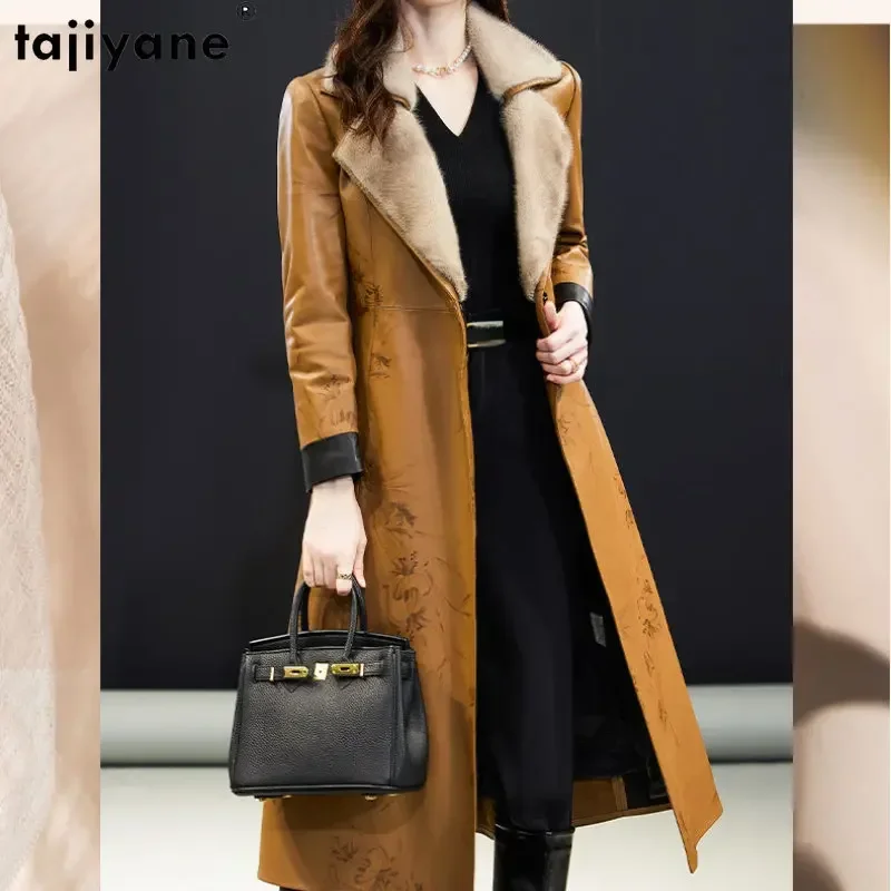 

Tajiyane High-end Real Sheepskin Leather Down Jacket Women Slim Mid-length Leather Jackets Mink Fur Collar Winter Down Coats SGG