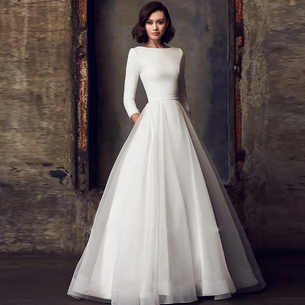 

Darla Simple Wedding Dress for Women 2023 Elegant Vestidos De Novia Bateau Neck Long Sleeves A Line Bride Gown Robe De Mariée