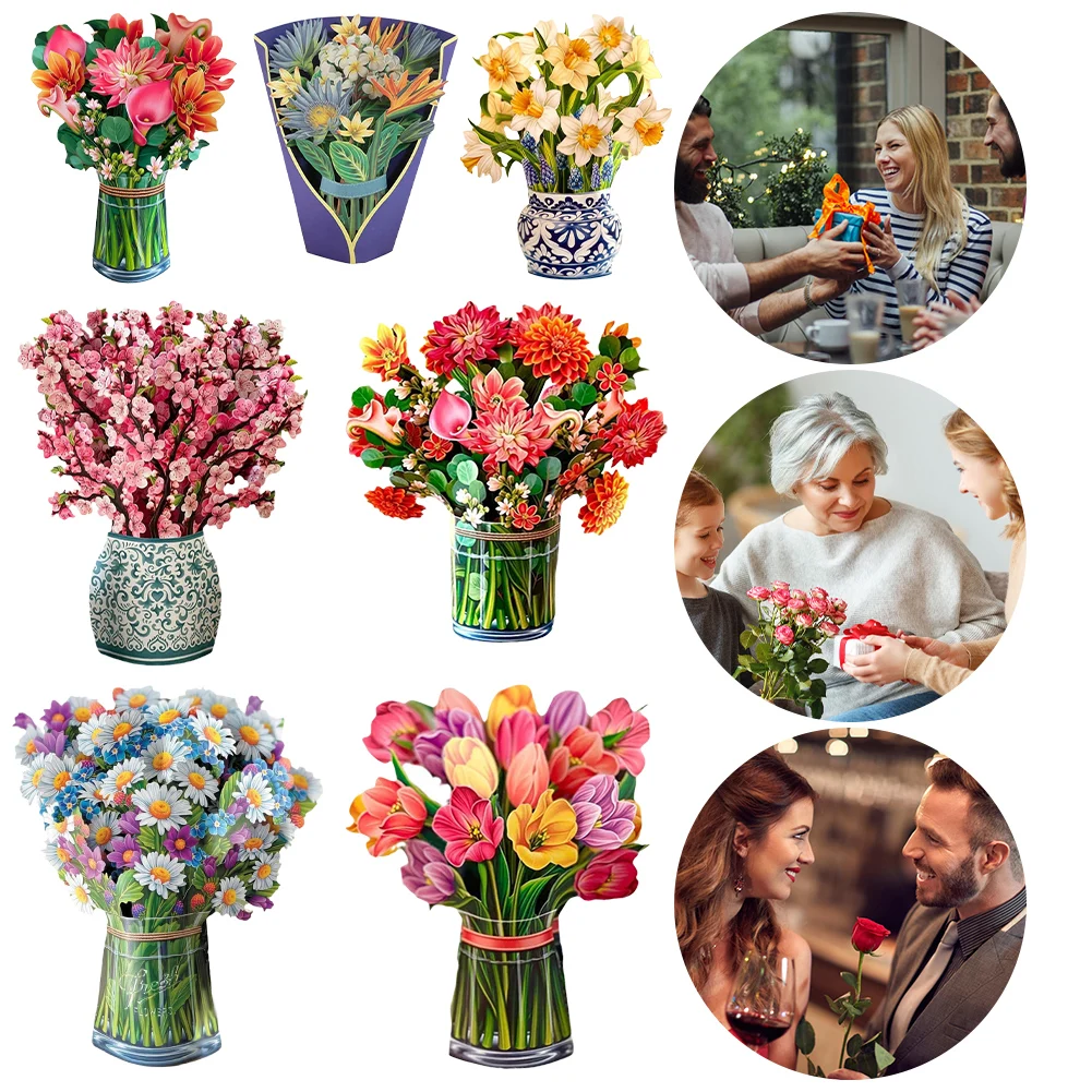 Greeting Cards,Mothers Day 3D Pop Up Flower Greeting Card,Handmade Thank You Postcard,Creative 3D Bouquet Greeting Card,Mom Girlfriend Gift