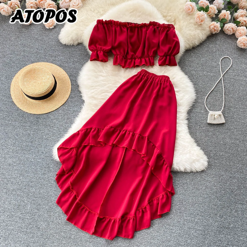 white pant suit Atopos Women Off Shoulder Tops Skirts Suits Sweet Elegant Skirt Two Piece Sets Fashion Summer Female Clothing Woman Outfits 2022 plus size sweat suits