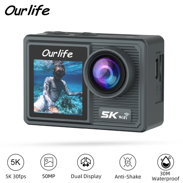 Ourlife Action Camera 5K 4K Bicycle Camera 50MP 2.0 Touch LCD Screen EIS WiFi 170° 30M Waterproof 5X Zoom Sports Video Cameras