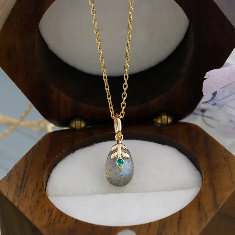 

Ожерелье LAMOON для женщин, винтажное, натуральный драгоценный камень, стандартная цепь, серебро 925 пробы, золотое покрытие кулон из Лабрадорита NI214