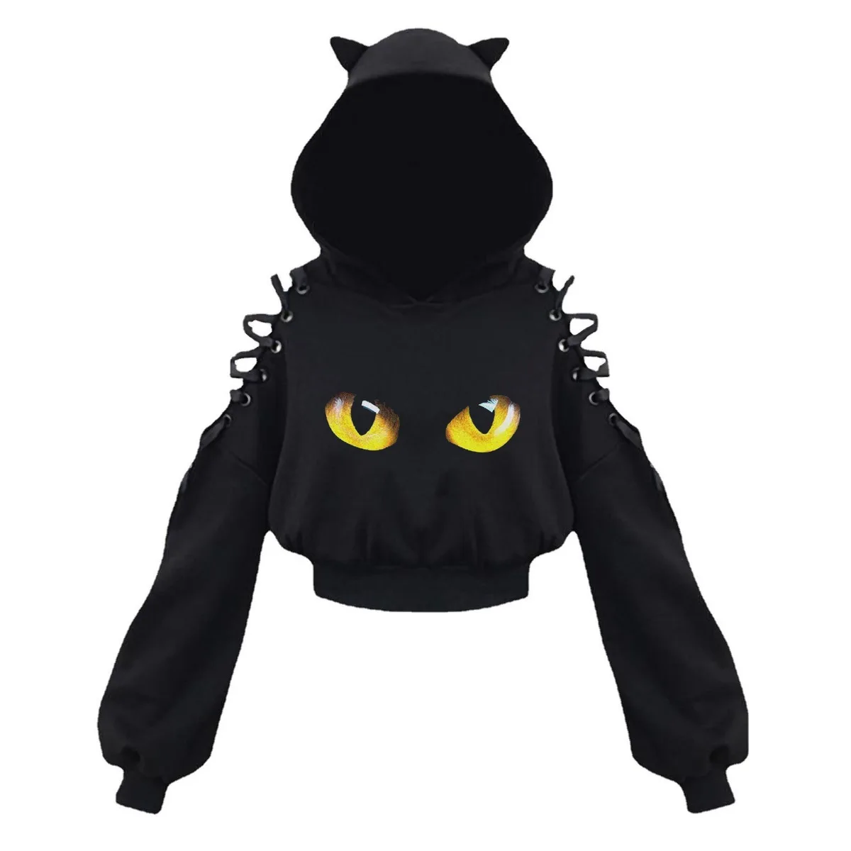 Women Long Sleeve Hoodies Kawaii Cat Ears Hoodie Gothic Punk Harajuku Cold Shouler Bandage Gothic Black Sweatshirts women sleeveless cosplay anime ponchos vintage dark gothic capes hoodies 2023 harajuku mid length black plus size witch cloaks