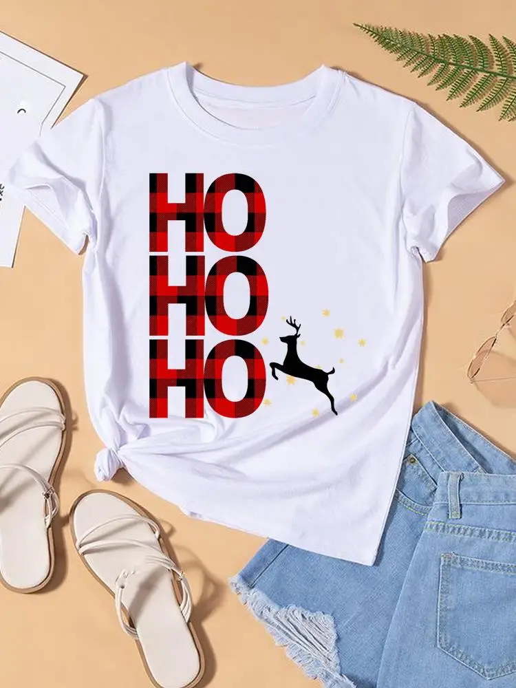 

Plaid Tree Deer Lovely 90s Trend Print Women Tee Top Fashion Christmas Lady New Year Shirt Clothing Clothes Graphic T-shirt