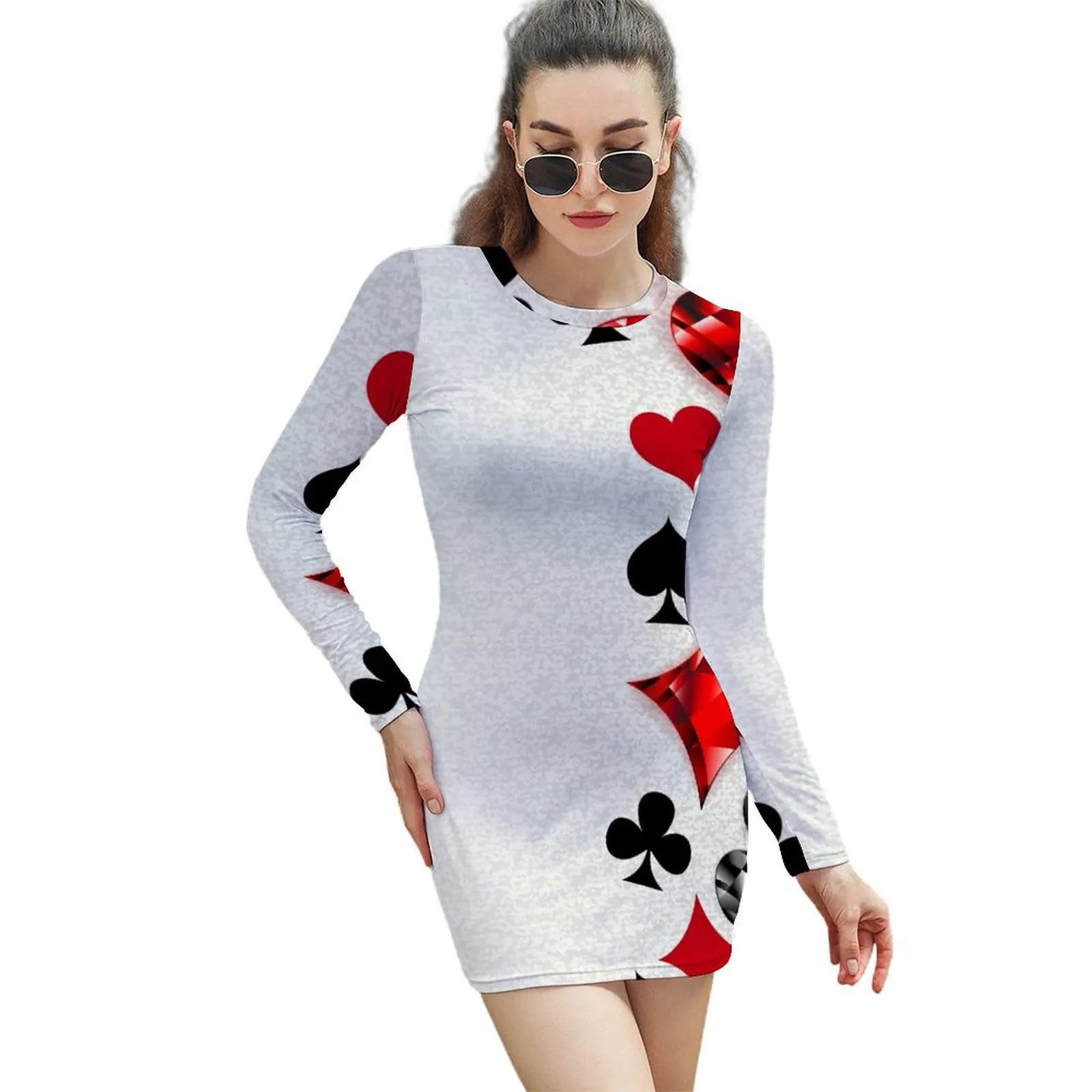 

Gray Background with Polygonal Playing Cards Symbols Long-Sleeved Sheath Dress sexy dress for women