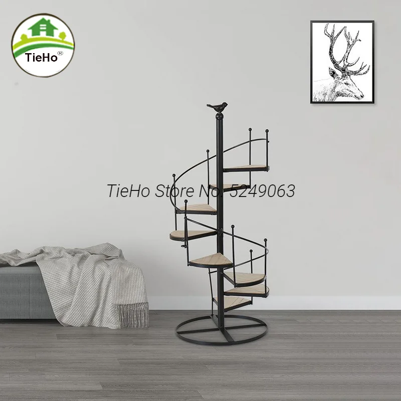 Nordic Wrought Iron Retro Flower Stand Solid Wood Multi-layer Patio Plant Pot Shelf Living Room Stair Shape Floor Flower Holder
