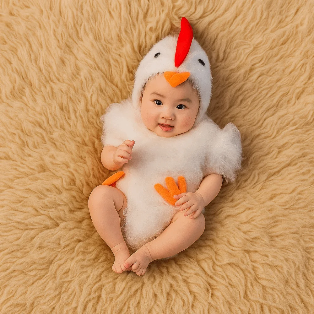 Creative Chicken Baby Photography Suit Furry Romper Bodysuit Hat Set Infant Studioshoot Outfits Cute Design Unisex Animals