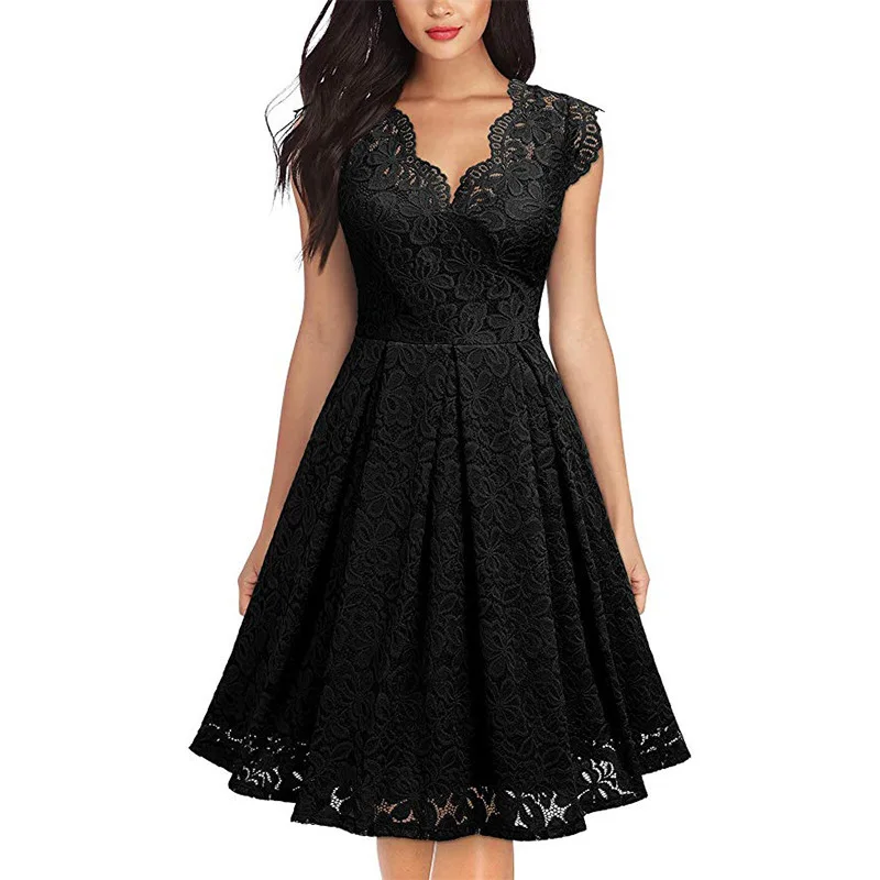 Summer Plus Size Women Clothing Sexy V-Neck Lace Patchwork Sleeveless Elegant Hollow Out Pullover Basic Midi Waist Large Dresses