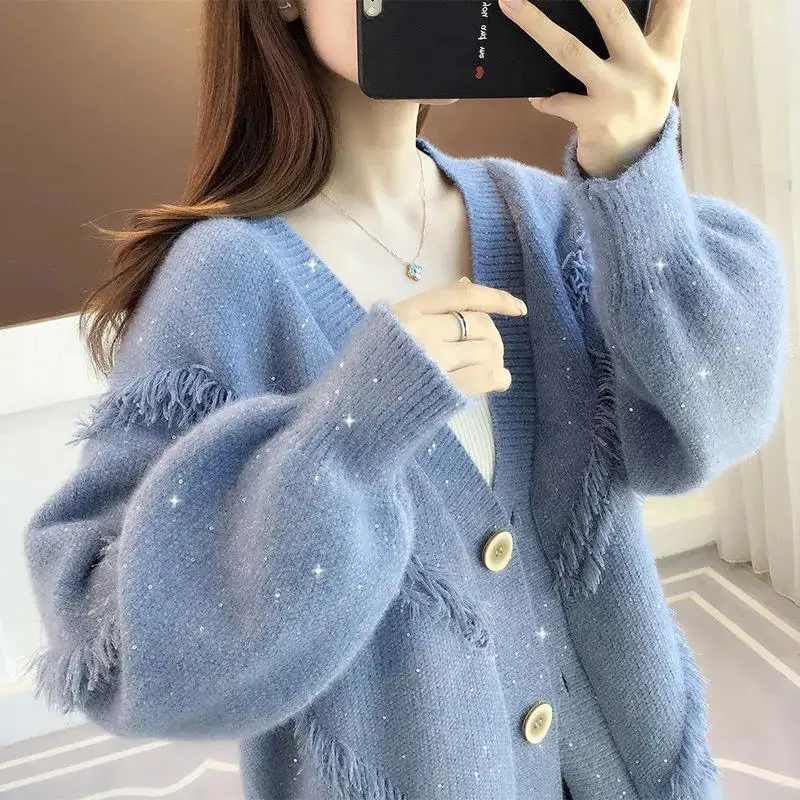 

2024 винтажный женский кардиган, Осенний вязаный свитер, Женский Повседневный корейский топ в стиле Харадзюку с рукавами-фонариками, пальто, ленивая модель V24