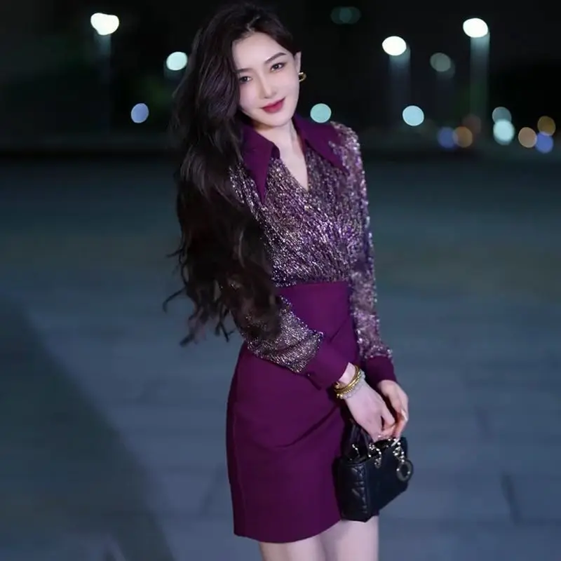 New Temperament Sexy Spicy Girl Dress for Women in Spring Spliced Slim Fit Fake Two-piece Waist Cinching Slimming Bag Dresses