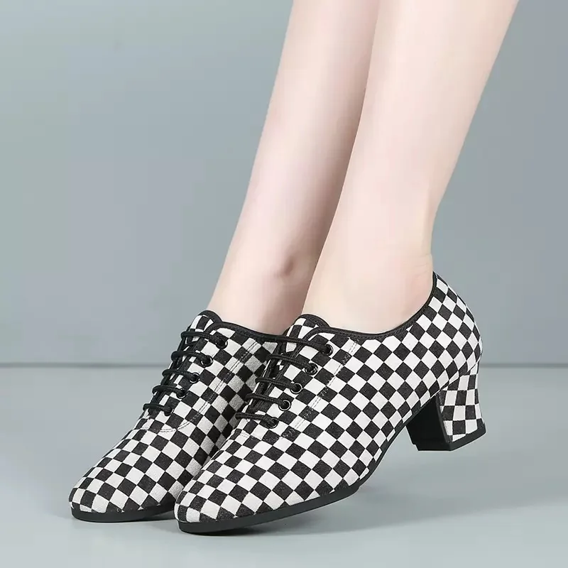 Latin Dance Shoes Women Soft Social Ballroom Dancing Shoes Square Modern Ventilation Dance Shoes Sneakers Black White