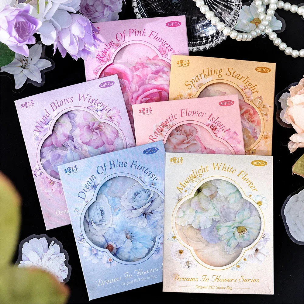 

30 Sheets PET Vintage Flower Sticker DIY Scrapbooking Handbook Decorative Materials Stickers Stationery