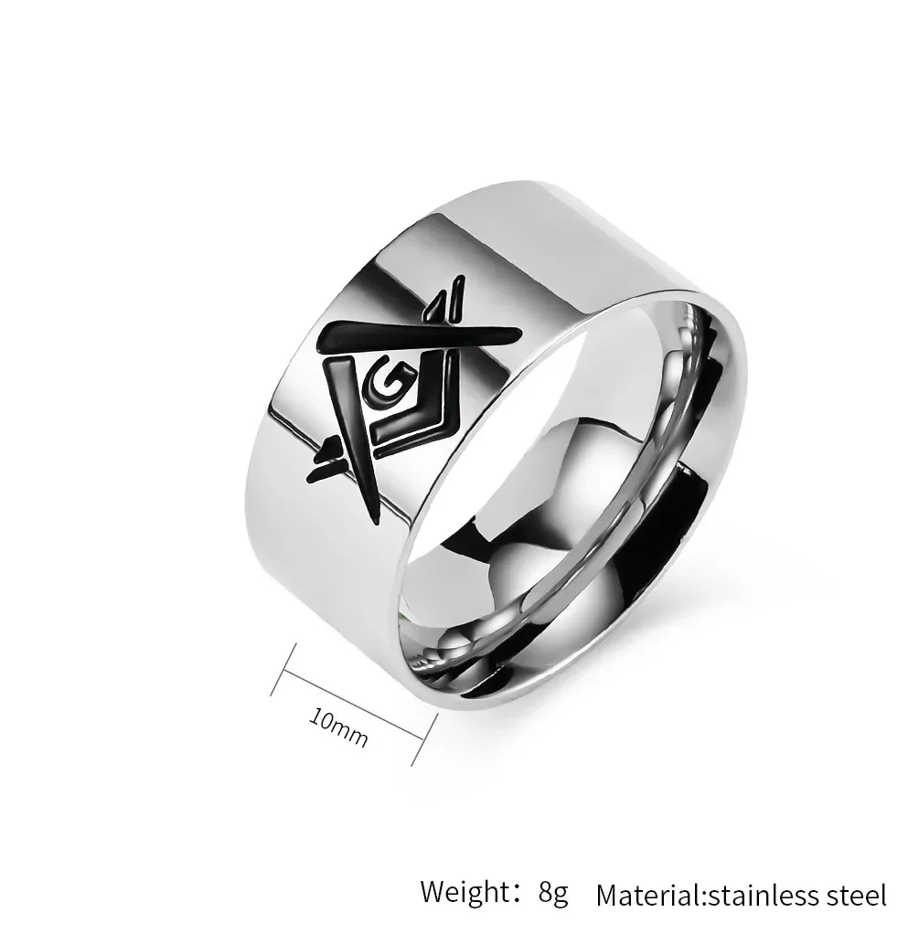 10mm Black Gold Plated Stainless Steel Men's Freemasonry Band Ring Cool Quality Titanium Mason Ring 3