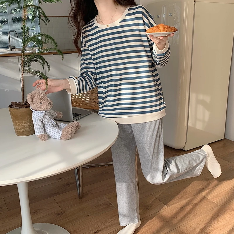 Spring women's knitted cotton pajamas women's suit with padded long sleeve new autumn striped round neck pullover home clothes