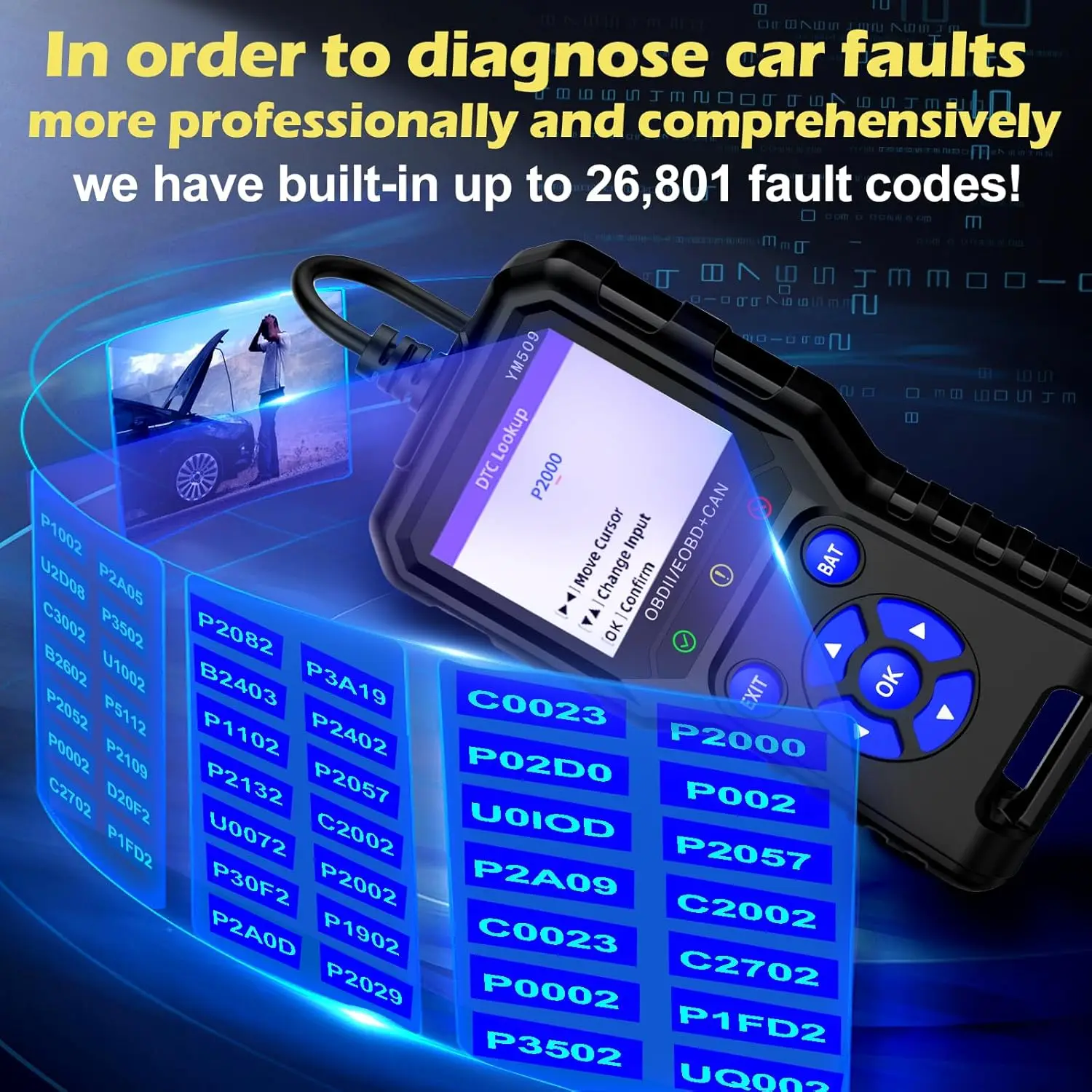 Code Reader YM509 OBD2 Scanner Car Diagnostic Tool Multi-Language Live Data OBDII Mechanic Scanner Check Engine Light Error Code 4