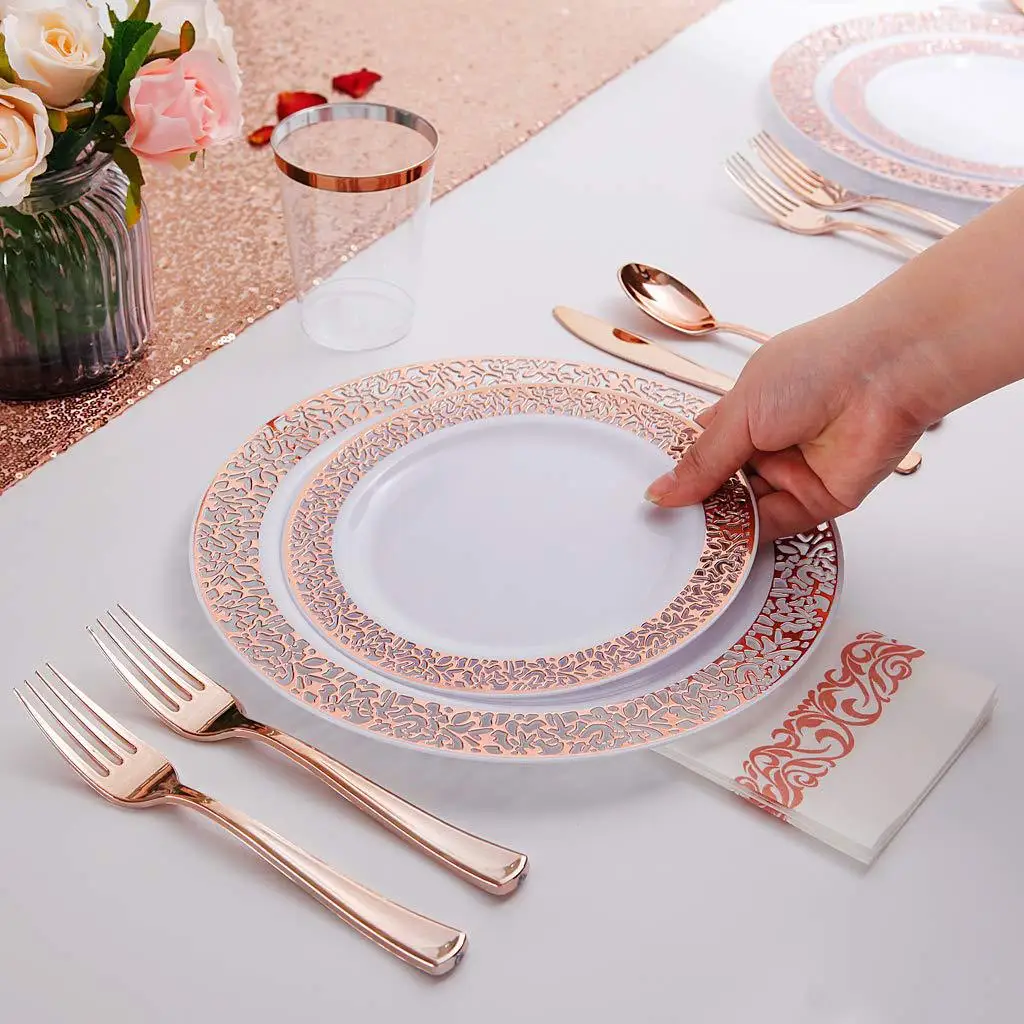 Rose Gold Party Disposable Tableware Set Plastic Plate Cups Paper Birthday Wedding Bachelorette Party Decoration Baby Shower New