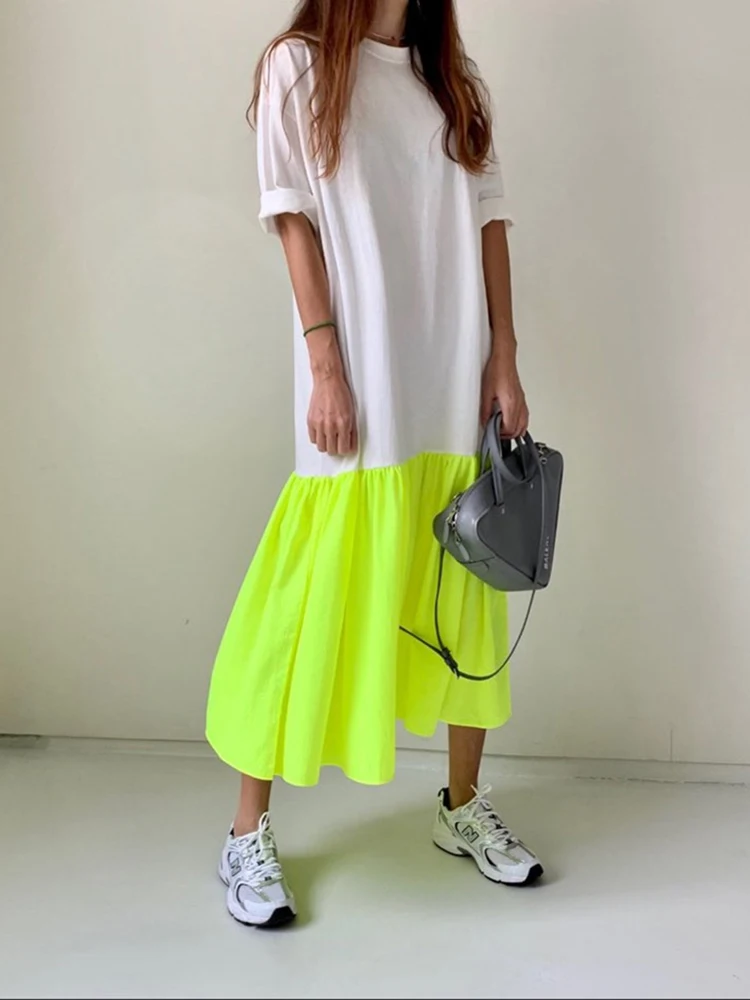 

Летнее шикарное свободное плиссированное платье Jyate с круглым вырезом, модная футболка контрастных цветов с прострочкой, женские платья, длинное платье с коротким рукавом