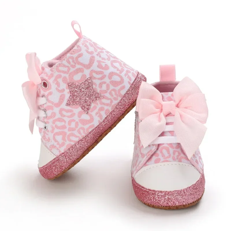 0-12M Newborn Baby Girl Boys Shoes Leopard Star Printed Bowknot Walking Soft-Soled First Walker Shoes 5