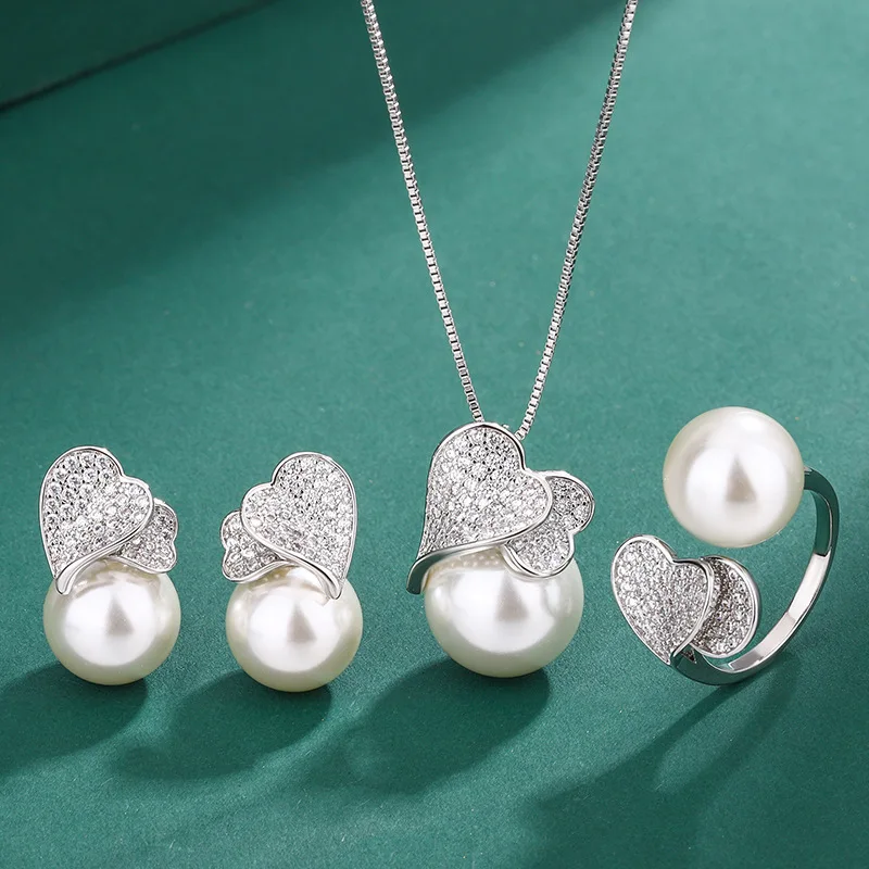 Tahitian Pearl Earring Double Heart Shaped Love Cubic Zircon Necklace Ring for Women Jewelry Wedding Gift for Guest Friends Gift bridal jewelry sets crystal jewelry sets earring ring sets