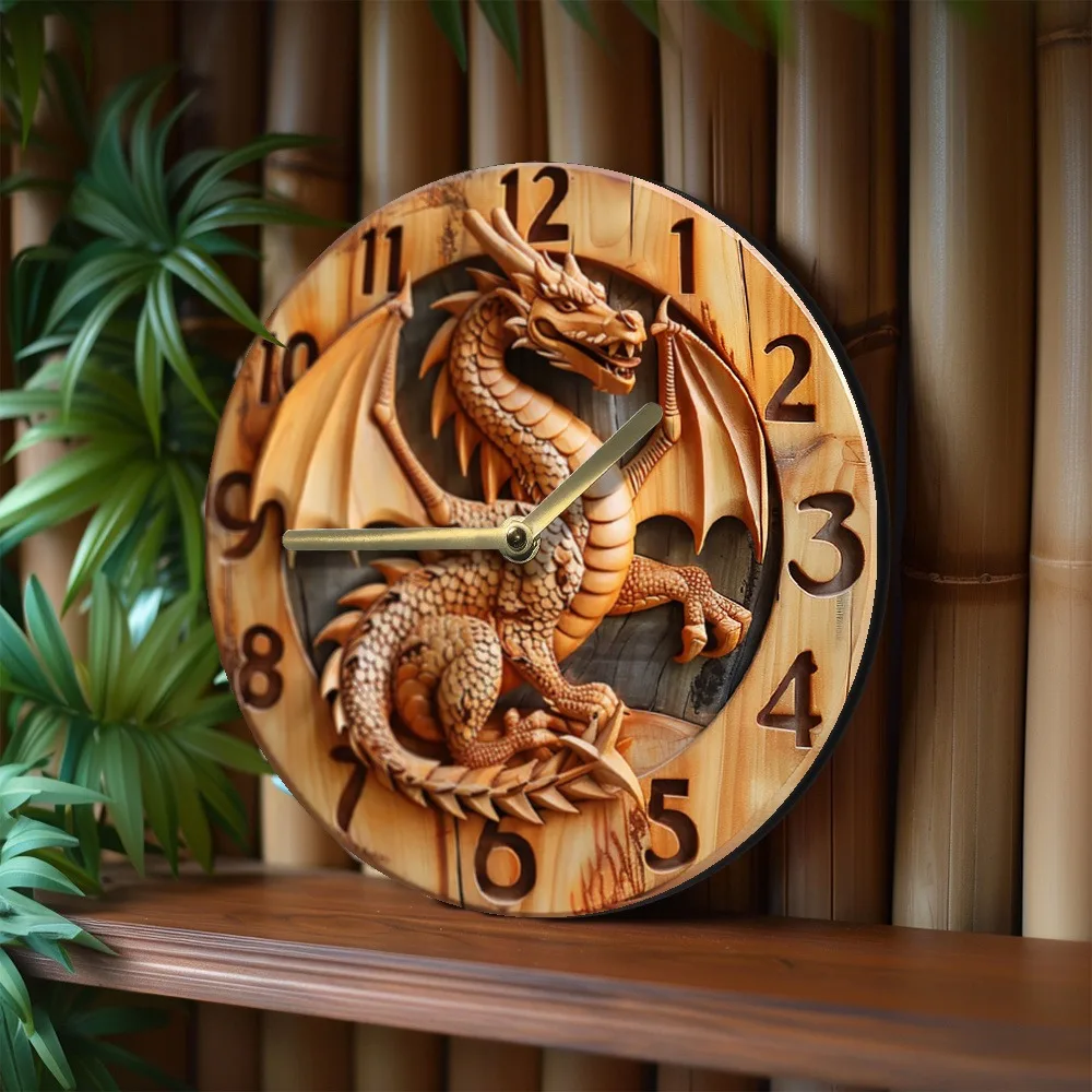Wooden wall clock with a dragon carving, perfect for home or office decor. Requires AA batteries 4