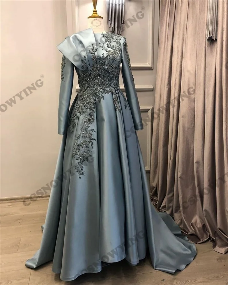 

Satin Appliques Muslim Long Sleeve Evening Dress High Neck Islamic Hijab Prom Formal Party Gown Arabic Dubai Robes De Soirée