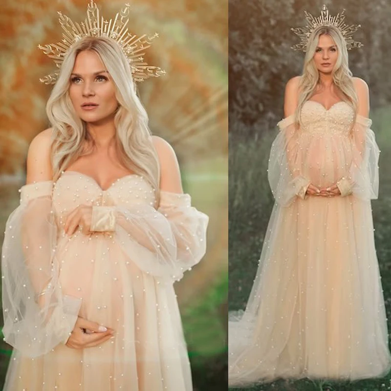 Vestido de maternidad de tul de perlas para sesión de fotos, manga larga hinchada, hombros descubiertos, Babyshower, vestidos de novia para el embarazo