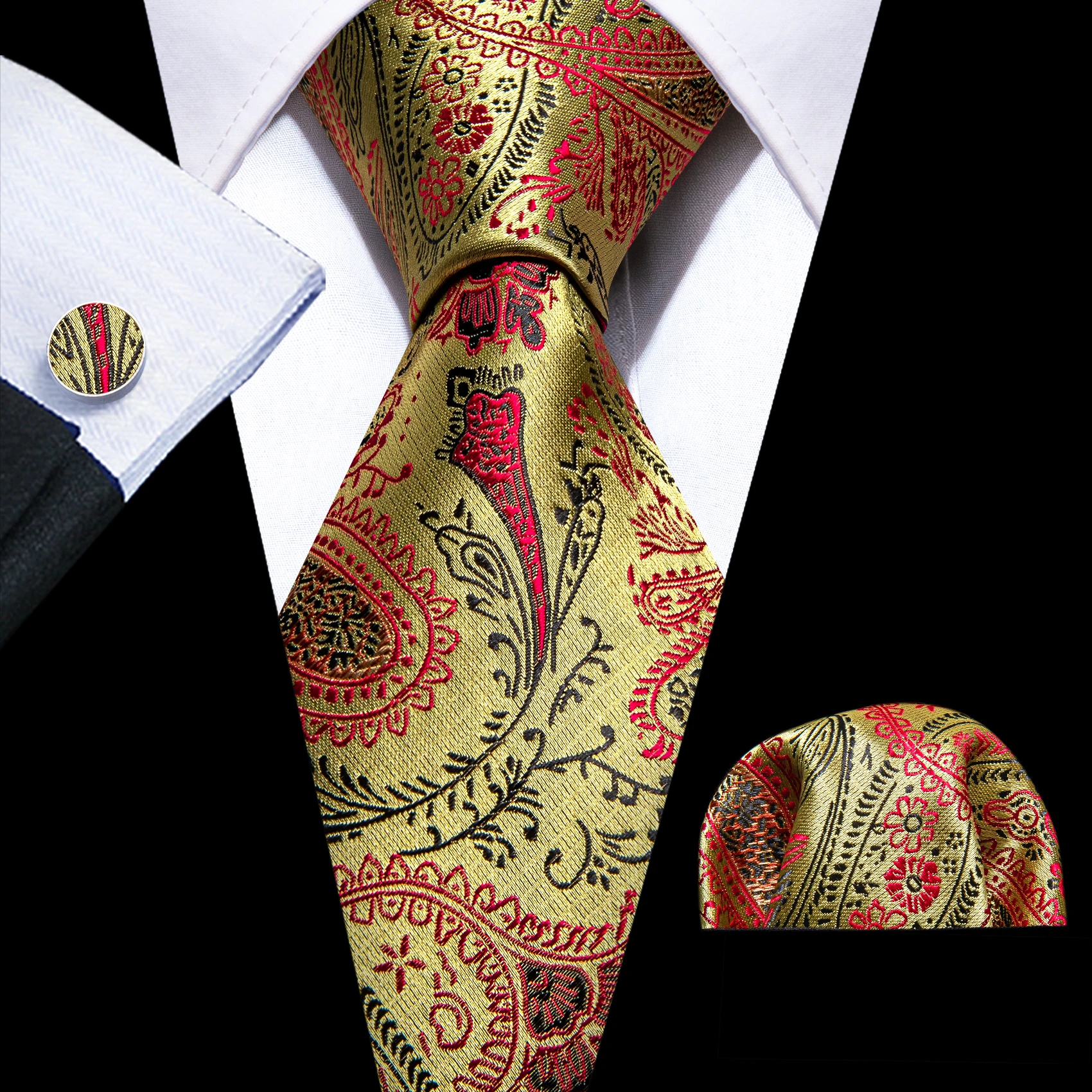 

Formal Men Silk Ties Champagne Red Paisley Jacquard Woven Neck-Tie Cufflinks Pocket Square Sets Party Wedding Barry.Wang FA-6393