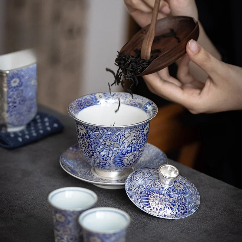 160ML Ceramics Gilded Silver Sunflower Gaiwan Handmade Household Kung Fu Tea Set Tea Bowl Cup Tureen Pot Gift Box