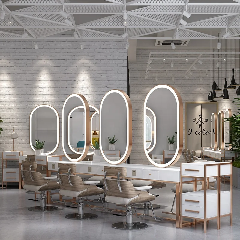 Simple Luxury Barber Shop Mirror Table With Lamp Classic Design Ironing Mirror For Hair Salon For Office Space